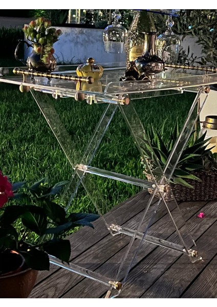 Çok Amaçlı Ikram Servis Sehpası 60X45 cm | Pirinç Detaylı Katlanabilir Şeffaf Lüks Yan Sehpa fiyatları