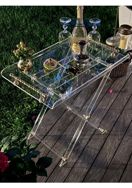 Çok Amaçlı Ikram Servis Sehpası 60X45 cm | Pirinç Detaylı Katlanabilir Şeffaf Lüks Yan Sehpa modelleri