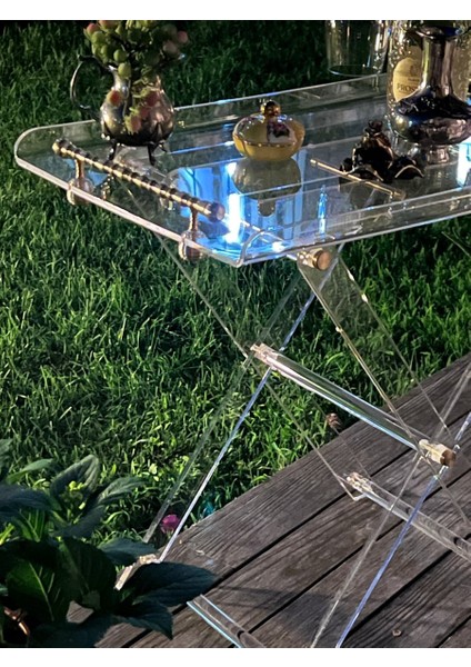 Çok Amaçlı Ikram Servis Sehpası 60X45 cm | Pirinç Detaylı Katlanabilir Şeffaf Lüks Yan Sehpa fırsatları