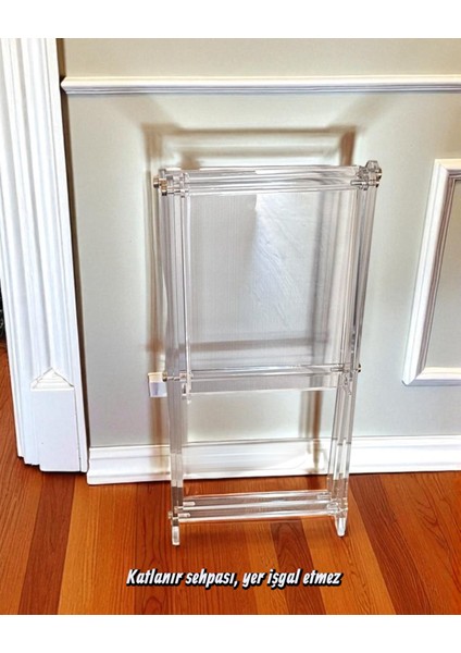 Çok Amaçlı Ikram Servis Sehpası 60X45 cm | Pirinç Detaylı Katlanabilir Şeffaf Lüks Yan Sehpa