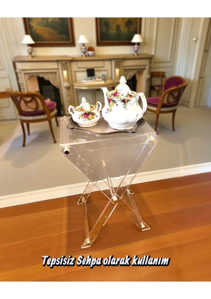 Çok Amaçlı Ikram Servis Sehpası 60X45 cm | Pirinç Detaylı Katlanabilir Şeffaf Lüks Yan Sehpa