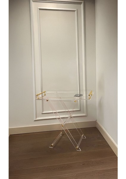 Çok Amaçlı Ikram Servis Sehpası 60X45 cm | Pirinç Detaylı Katlanabilir Şeffaf Lüks Yan Sehpa