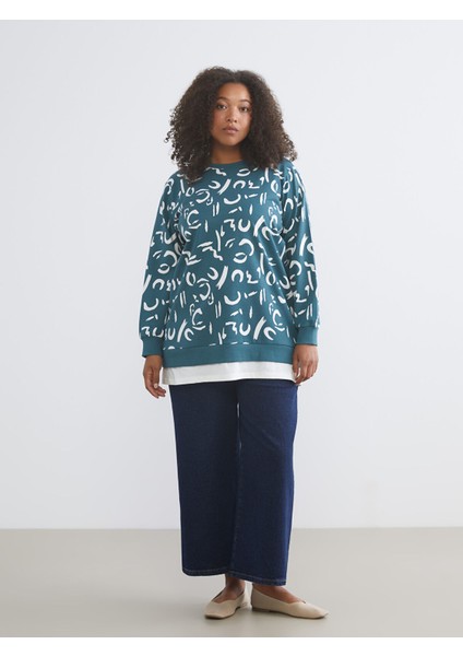 Yeni Sezon Büyük Beden Bisiklet Yaka Desenli Kadın Sweatshirt Tunik modelleri