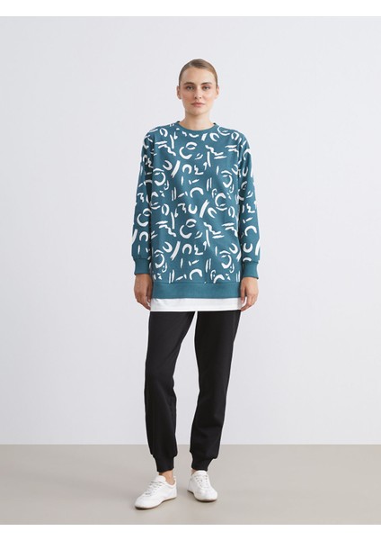 Yeni Sezon Büyük Beden Bisiklet Yaka Desenli Kadın Sweatshirt Tunik fırsatları