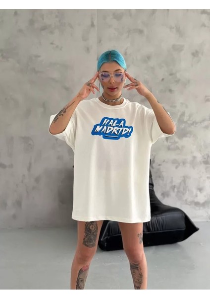Unisex Bisiklet Yaka Baskılı Oversize T-Shirt - Beyaz indirimleri