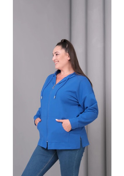 Kadın Büyük Beden Kapüşonlu Kanguru Cepli Fermuarlı Yırtmaç Detaylı %100 Pamuk Sweatshirt fiyatları