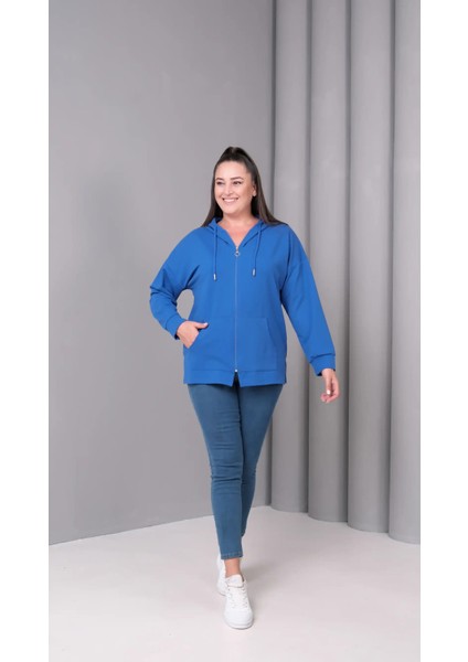 Kadın Büyük Beden Kapüşonlu Kanguru Cepli Fermuarlı Yırtmaç Detaylı %100 Pamuk Sweatshirt fırsatları