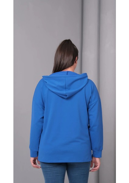 Kadın Büyük Beden Kapüşonlu Kanguru Cepli Fermuarlı Yırtmaç Detaylı %100 Pamuk Sweatshirt