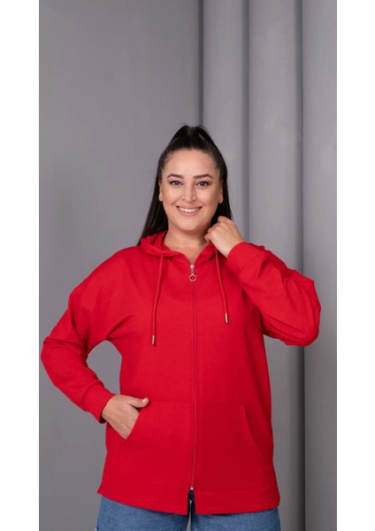 Kadın Büyük Beden Kapüşonlu Kanguru Cepli Fermuarlı Yırtmaç Detaylı %100 Pamuk Sweatshirt fiyatları