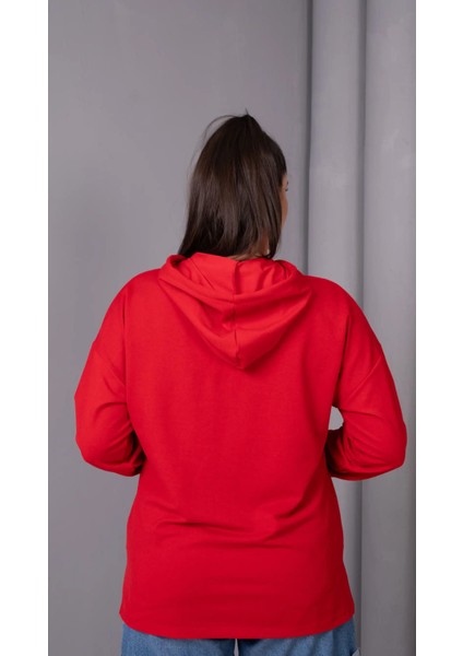 Kadın Büyük Beden Kapüşonlu Kanguru Cepli Fermuarlı Yırtmaç Detaylı %100 Pamuk Sweatshirt