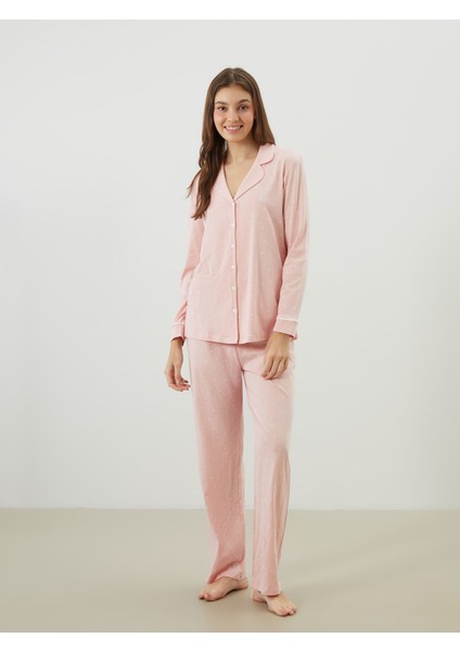 Yeni Sezon Büyük Beden Gömlek Yaka Kalp Baskılı Kadın Pijama Takımı