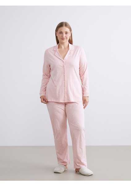 Yeni Sezon Büyük Beden Gömlek Yaka Kalp Baskılı Kadın Pijama Takımı modelleri