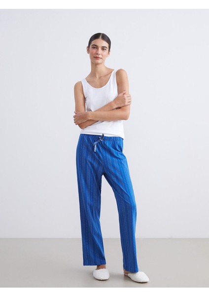 Yeni Sezon Büyük Beden Beli Lastikli Çizgili Kadın Pijama Alt