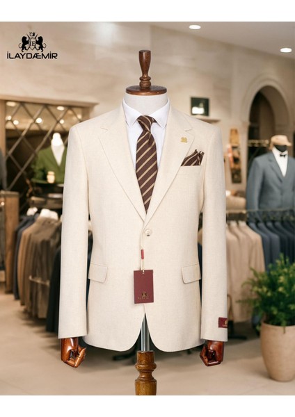 Italyan Kesim Blazer Süet Erkek Ceket Krem