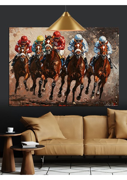 Hızla Koşan Atlı Yarışçılar Grubu Dekoratif Kanvas - Mdf Ahşap Tablo