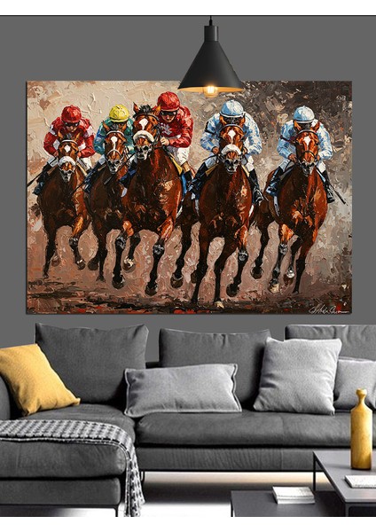 Hızla Koşan Atlı Yarışçılar Grubu Dekoratif Kanvas - Mdf Ahşap Tablo fiyatları