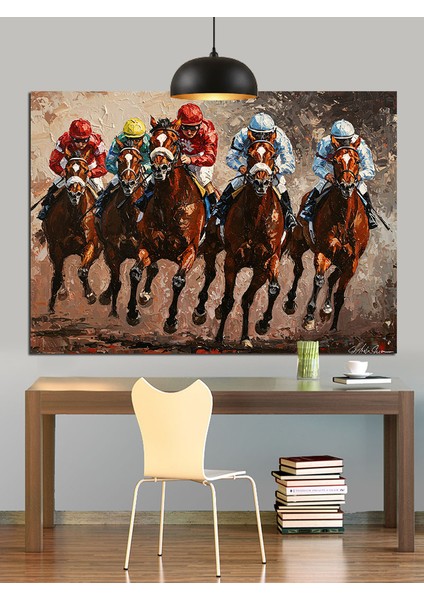 Hızla Koşan Atlı Yarışçılar Grubu Dekoratif Kanvas - Mdf Ahşap Tablo fırsatları