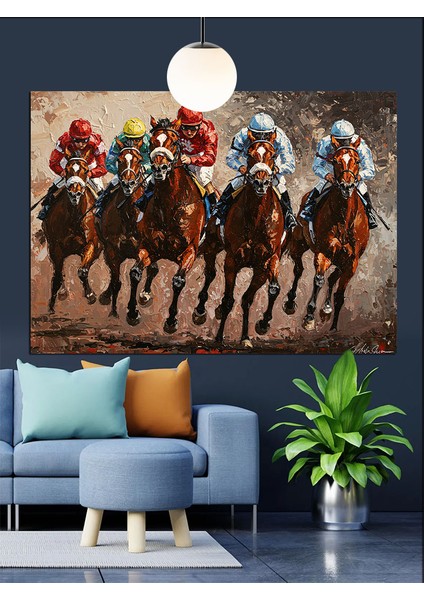 Hızla Koşan Atlı Yarışçılar Grubu Dekoratif Kanvas - Mdf Ahşap Tablo indirimleri