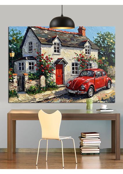 Kırmızı Çatılı Ingiliz Köy Evi Dekoratif Kanvas - Mdf Ahşap Tablo