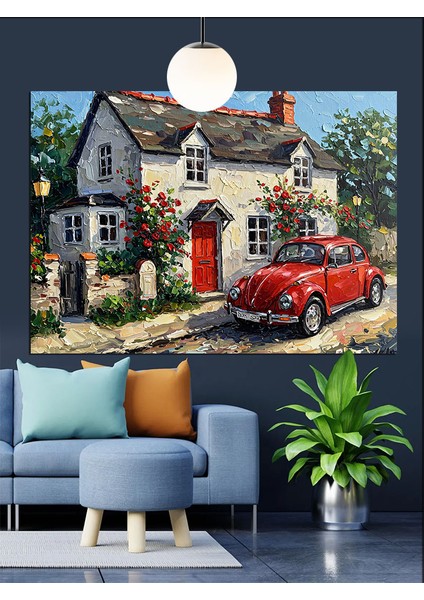 Kırmızı Çatılı Ingiliz Köy Evi Dekoratif Kanvas - Mdf Ahşap Tablo fiyatları