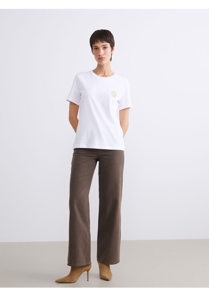 Yeni Sezon Bisiklet Yaka Metal Süs Detaylı Kadın Tişört fiyatları