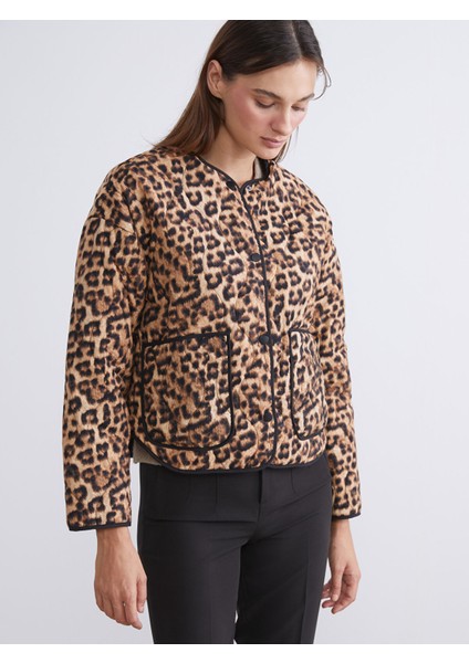 Yeni Sezon Bisiklet Yaka Leopar Desenli Kadın Mont
