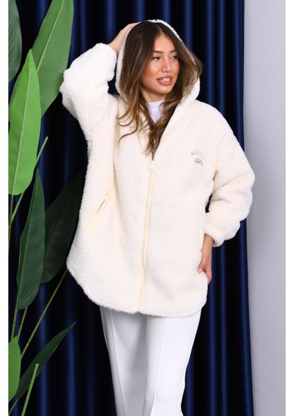 Ekru Kapşonlu Peluş Mont
