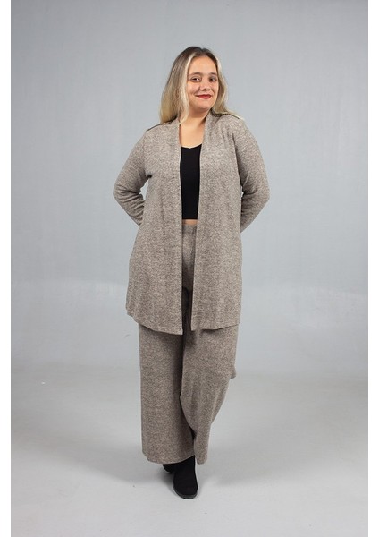 Pamuklu Yün Viskon Büyük Beden Pantolon Hırka Takım Krem