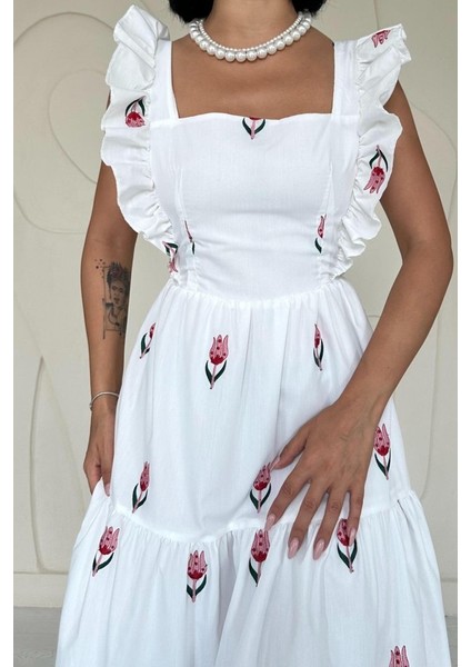 Kırmızı Sıfır Kol Fırfırlı Elbise