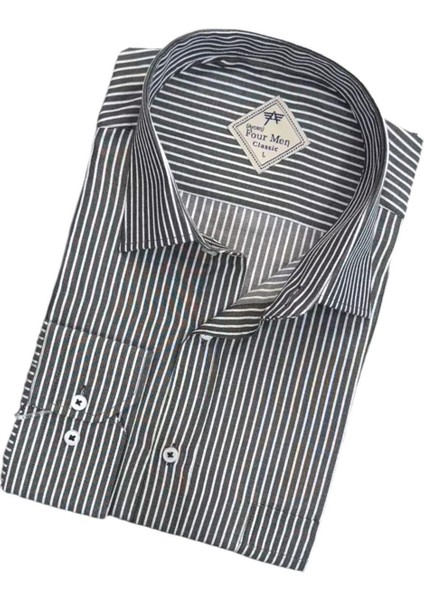 Erkek Klasik Geniş Rahat Kesim Cepli Çizgili Uzun Kollu Pamuk Gömlek