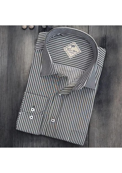 Erkek Klasik Geniş Rahat Kesim Cepli Çizgili Uzun Kollu Pamuk Gömlek fiyatları