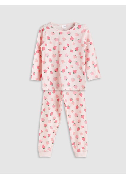 Yeni Sezon Bisiklet Yaka Çilek Baskılı Kız Çocuk Pijama Takımı