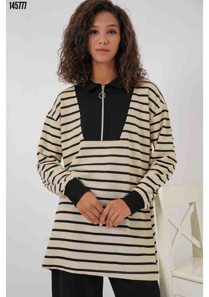 Fermuarlı Tesettür Tunik, Kırmızı Gül Figürlü Kolye Hediye