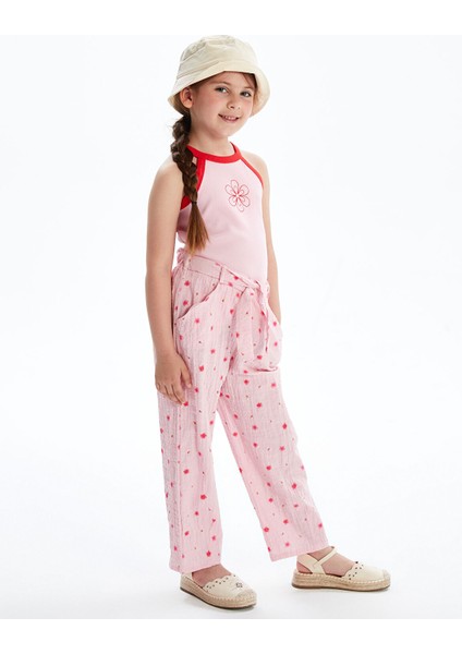 Yeni Sezon Çiçekli Beli Bağlamalı Kız Çocuk Pantolon