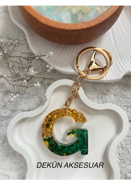 G Harfi Epoksi Yeşil Gold El Yapımı Anahtarlık