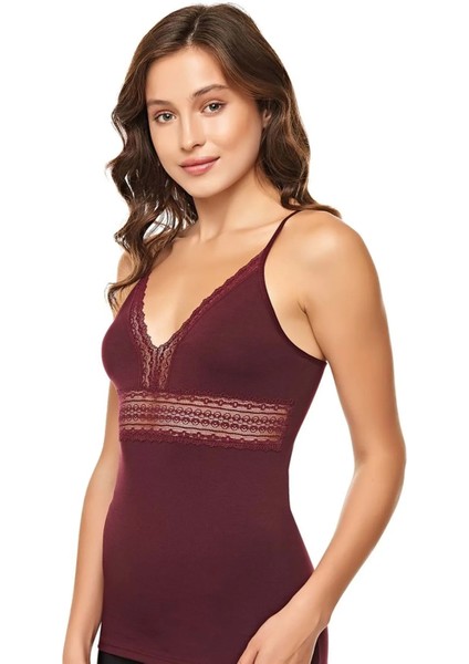 Kadın Bordo Modal Tekli Dantelli Ip Askılı Atlet