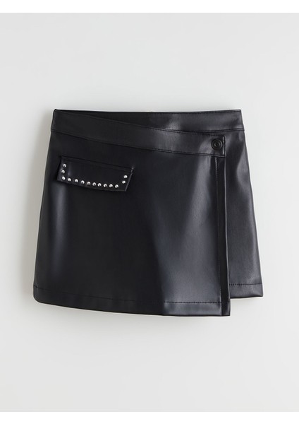 Yeni Sezon Beli Lastikli Deri Görünümlü Kız Çocuk Şort Etek