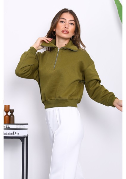 Yağ Yeşili Önü Fermuarlı Üç Iplik Crop Sweat modelleri