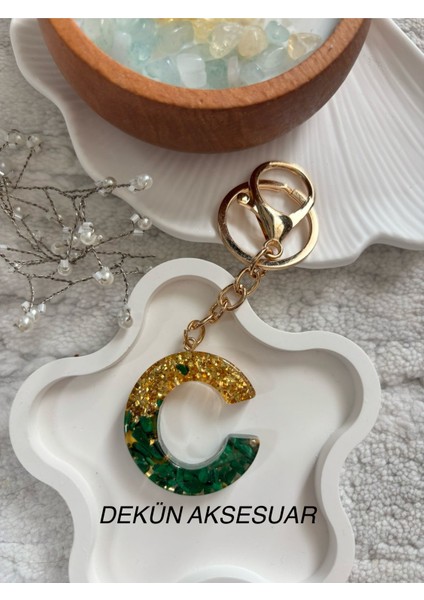 C Harfi Epoksi Yeşil Gold El Yapımı Anahtarlık
