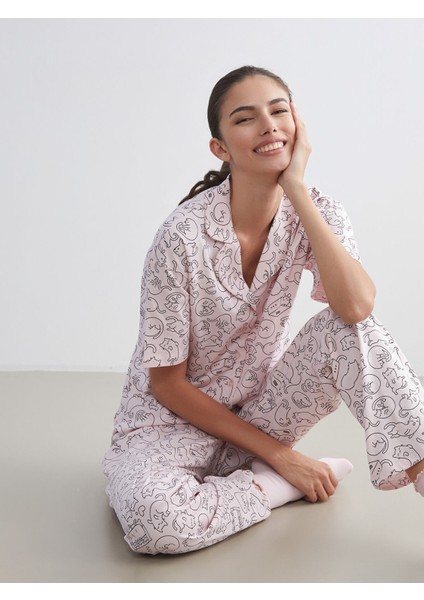 Yeni Sezon Gömlek Yaka Baskılı Kadın Pijama Takımı