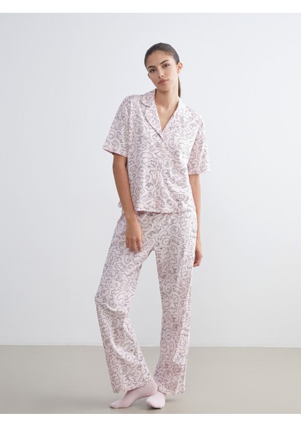 Yeni Sezon Gömlek Yaka Baskılı Kadın Pijama Takımı modelleri