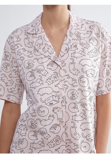 Yeni Sezon Gömlek Yaka Baskılı Kadın Pijama Takımı fırsatları
