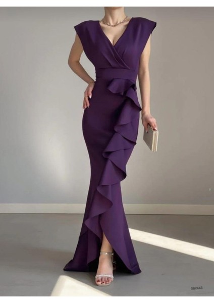 Kruvaze Yaka Volanlı Nikah Düğün ve Mezuniyet Elbisesi 582663-MOR