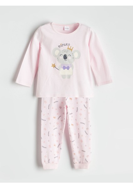 Yeni Sezon Bisiklet Yaka Baskılı Uzun Kollu Kız Çocuk Pijama Takımı