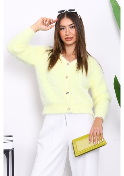 Sarı Dümeli Kısa Angora Yumoş Triko Hırka