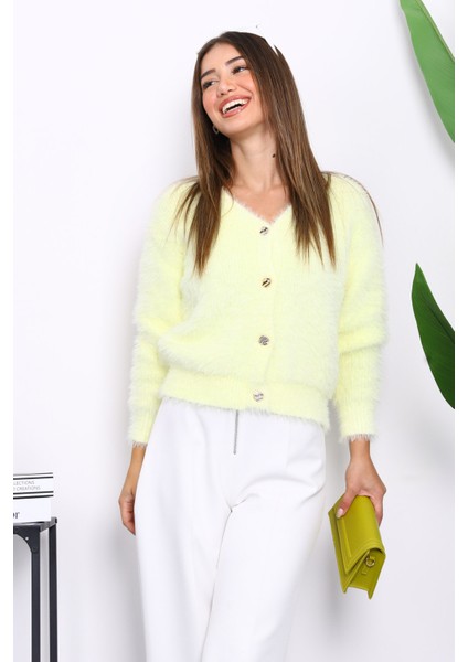 Sarı Dümeli Kısa Angora Yumoş Triko Hırka modelleri