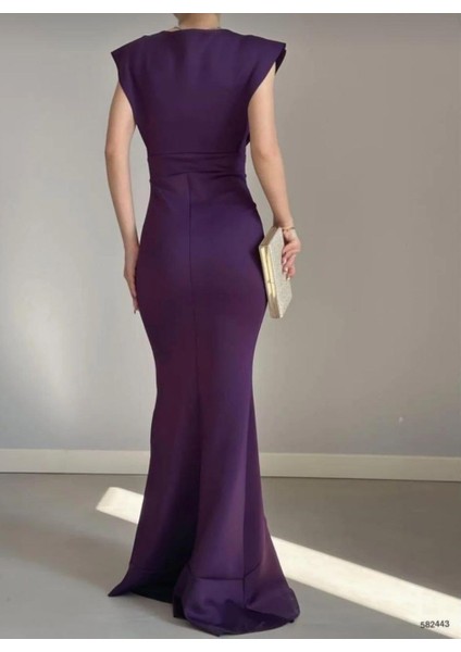 Kruvaze Yaka Volanlı Nikah Düğün ve Mezuniyet Elbisesi 582663-MOR fiyatları