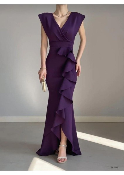 Kruvaze Yaka Volanlı Nikah Düğün ve Mezuniyet Elbisesi 582663-MOR modelleri