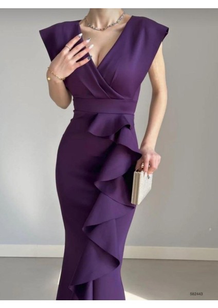 Kruvaze Yaka Volanlı Nikah Düğün ve Mezuniyet Elbisesi 582663-MOR fırsatları