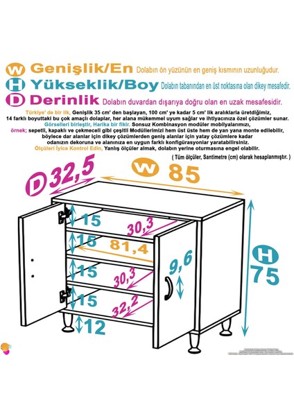 Annus Dolap Kapak ve Raf Detaylı Çok Amaçlı Dolap 2 Kapaklı 4 Göz Raf Dolap 85x75x32,5 cm